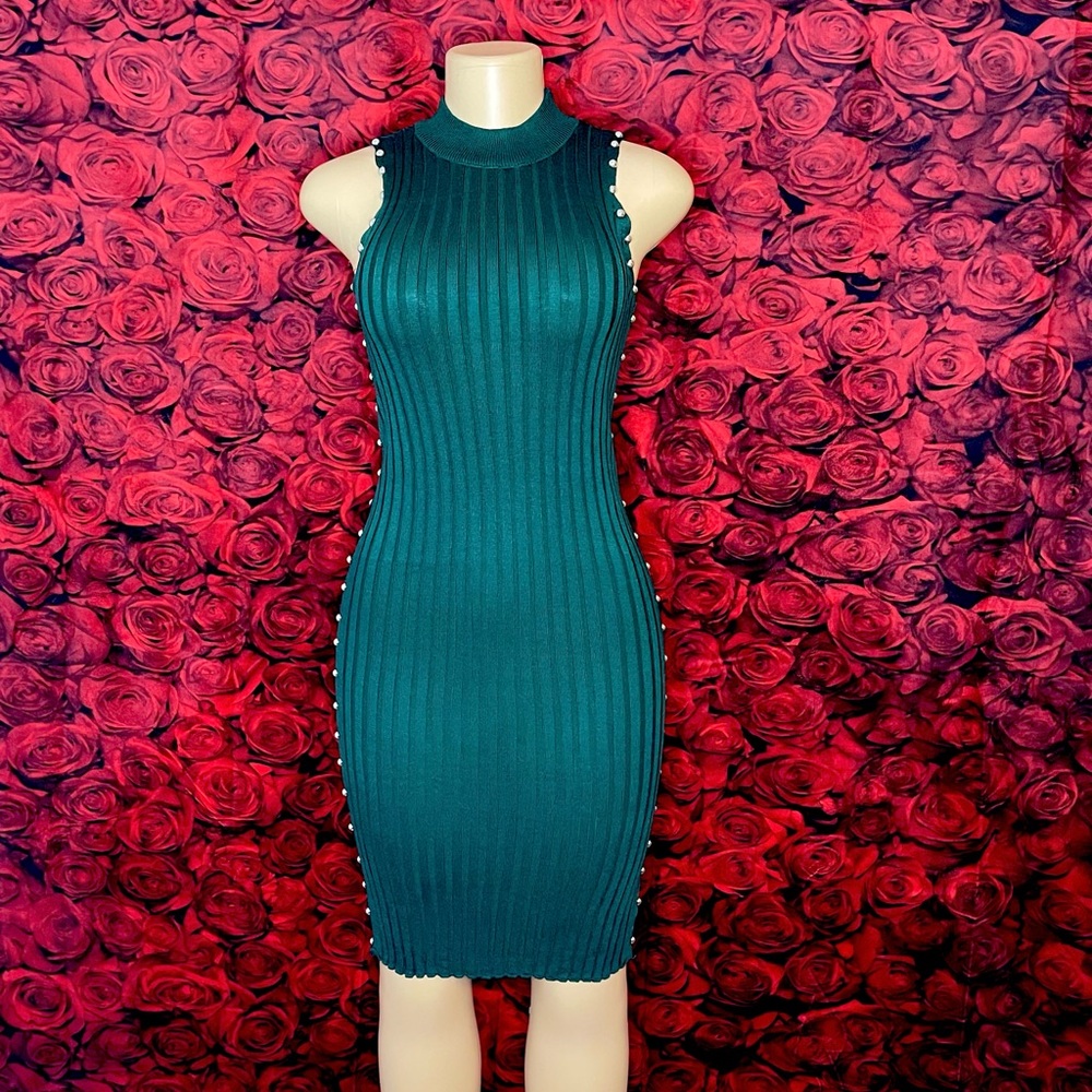 Mock Neck Studded Rib-Knit Dress